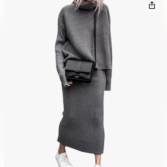 14. Loveimgs Outfits Ribbed Knit Long Sleeve Turtleneck Midi Pencil Skirt Set - Picture 1 of 16